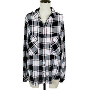 Sanctuary Boyfriend Shirt S Black‎ White Burgundy Plaid Soft Button-Front…